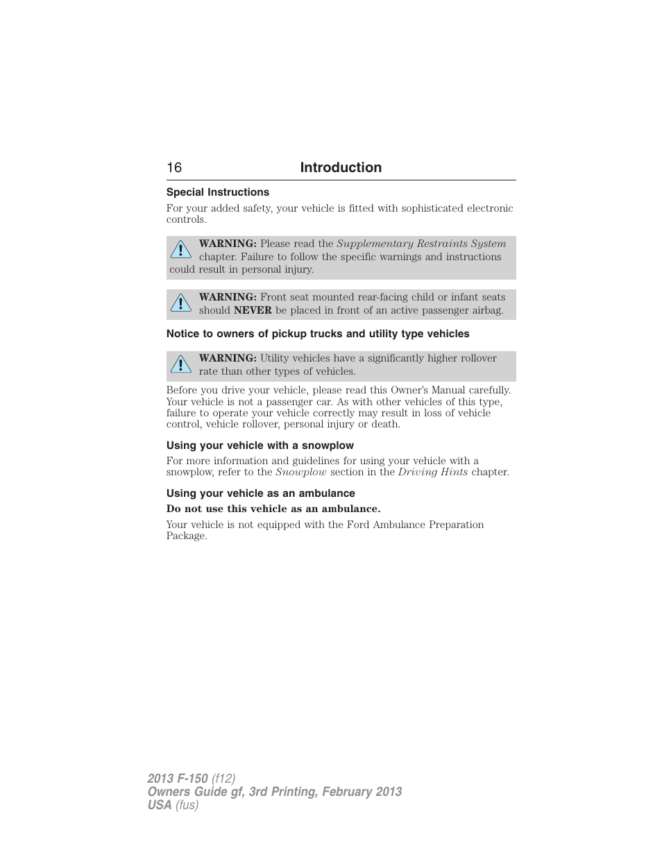 Special instructions, Using your vehicle with a snowplow, Using your vehicle as an ambulance | 16 introduction | FORD 2013 F-150 v.3 User Manual | Page 17 / 592