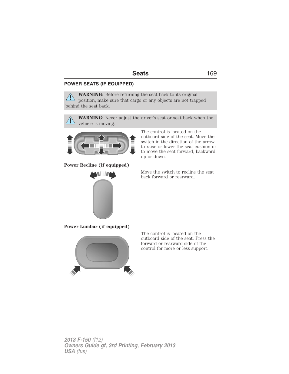 Power seats (if equipped), Power seats, Seats 169 | FORD 2013 F-150 v.3 User Manual | Page 170 / 592