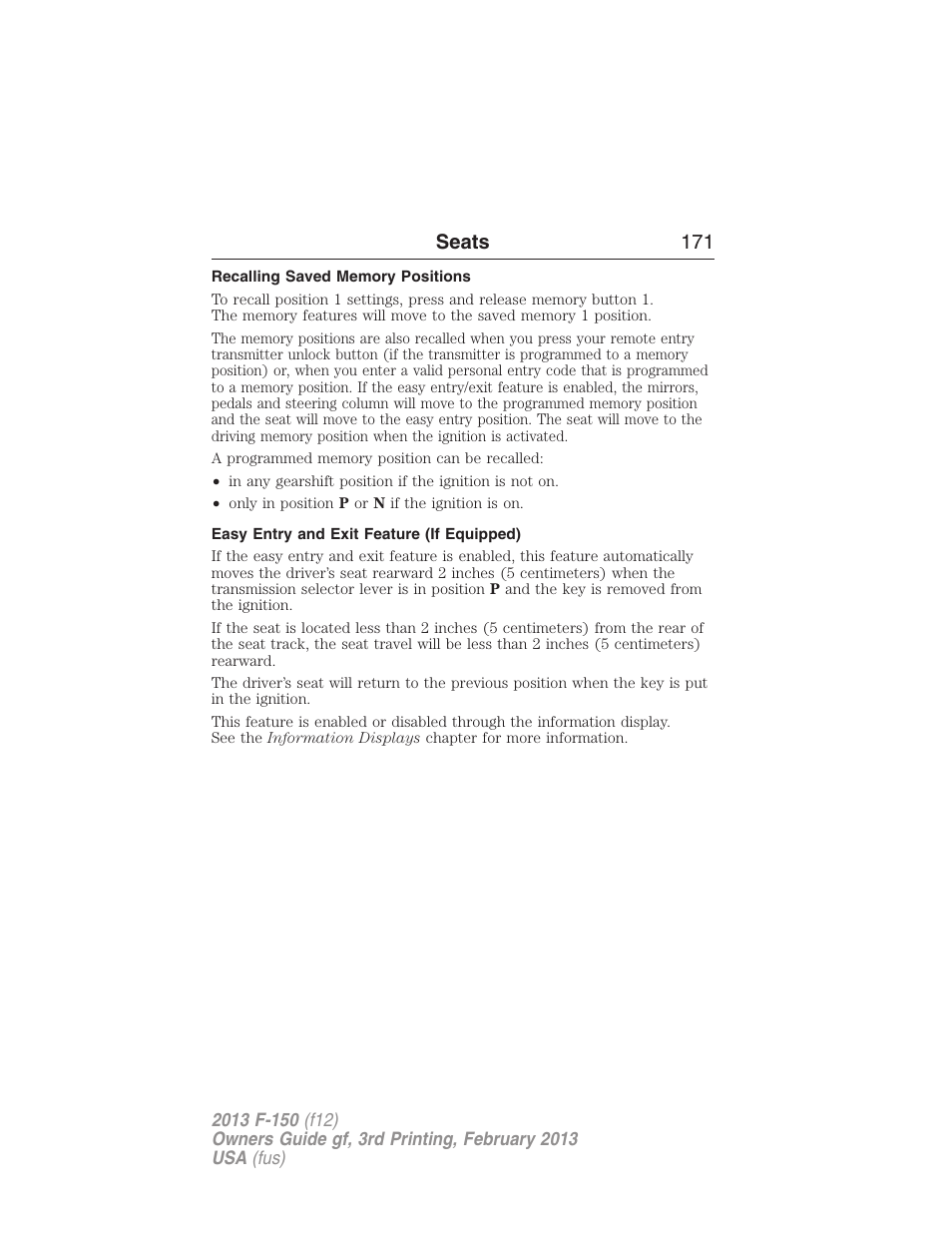 Recalling saved memory positions, Easy entry and exit feature (if equipped), Seats 171 | FORD 2013 F-150 v.3 User Manual | Page 172 / 592