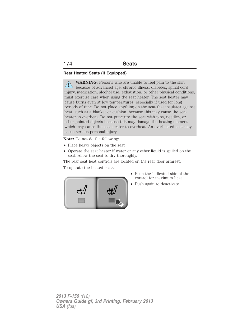 Rear heated seats (if equipped), 174 seats | FORD 2013 F-150 v.3 User Manual | Page 175 / 592