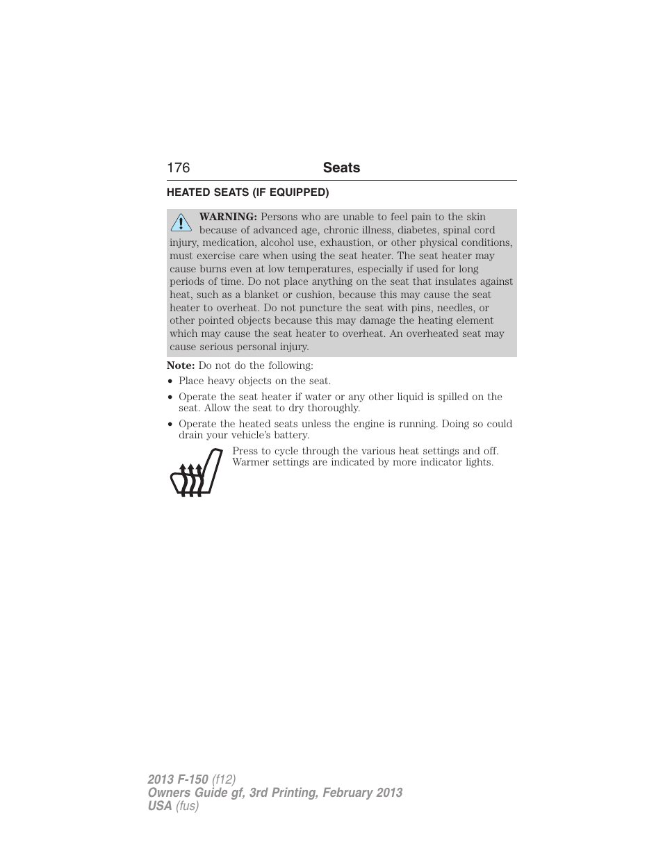 Heated seats (if equipped), Heated seats, 176 seats | FORD 2013 F-150 v.3 User Manual | Page 177 / 592
