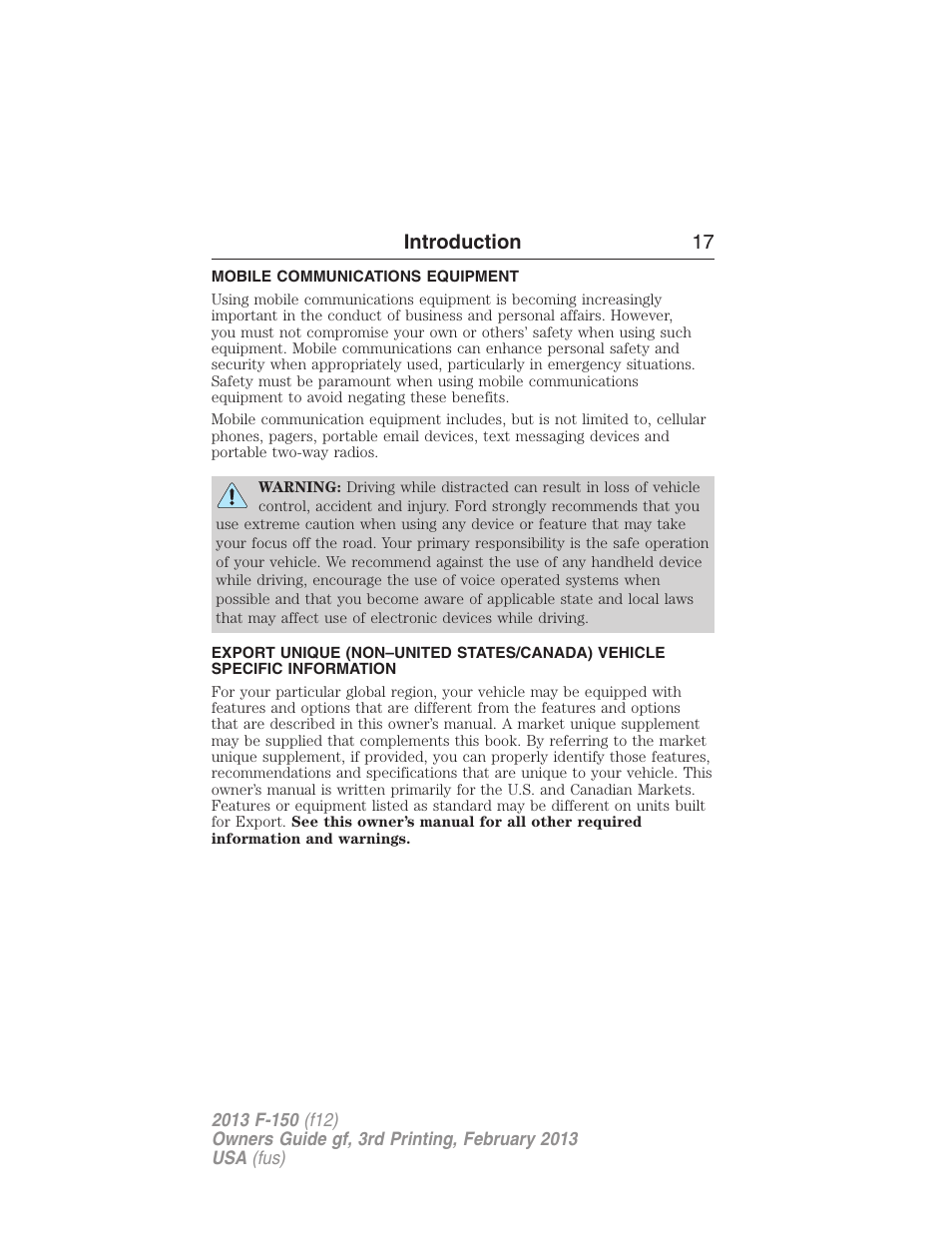 Mobile communications equipment, Introduction 17 | FORD 2013 F-150 v.3 User Manual | Page 18 / 592