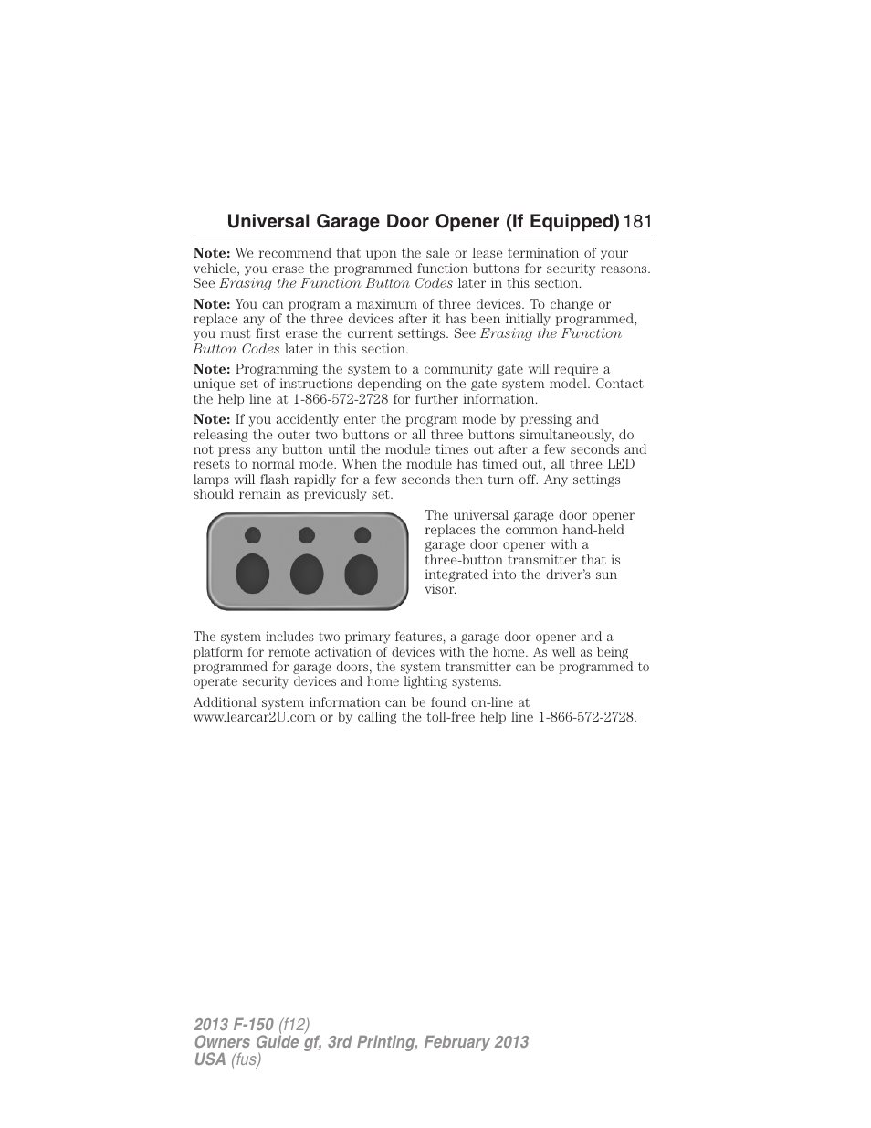 Universal garage door opener (if equipped) 181 | FORD 2013 F-150 v.3 User Manual | Page 182 / 592