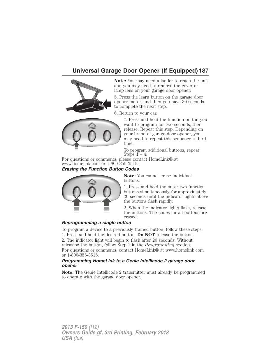 Erasing the function button codes, Reprogramming a single button, Universal garage door opener (if equipped) 187 | FORD 2013 F-150 v.3 User Manual | Page 188 / 592