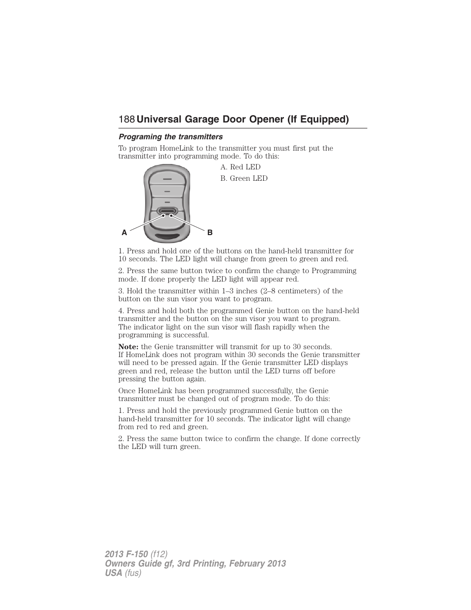 Programing the transmitters, 188 universal garage door opener (if equipped) | FORD 2013 F-150 v.3 User Manual | Page 189 / 592