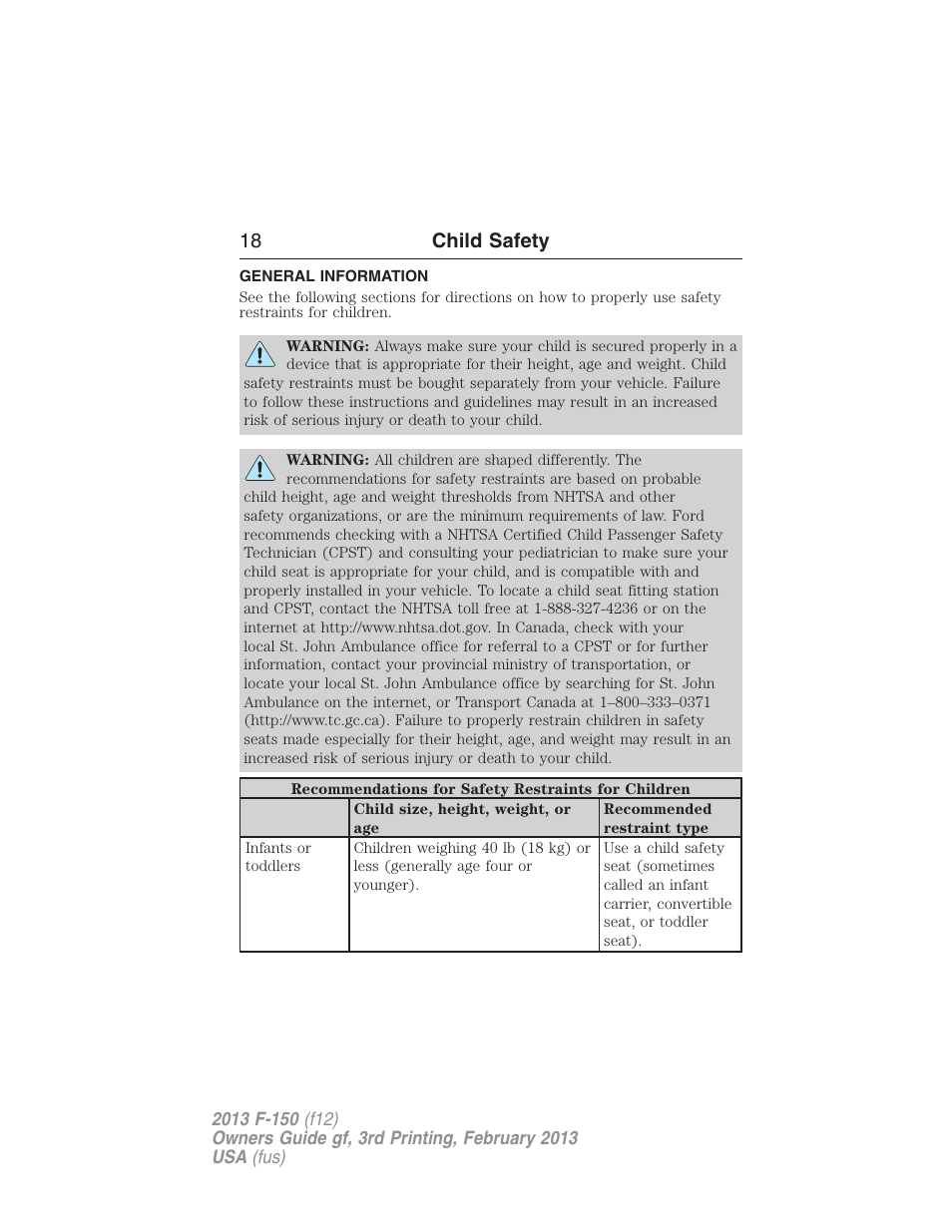 Child safety, General information, 18 child safety | FORD 2013 F-150 v.3 User Manual | Page 19 / 592