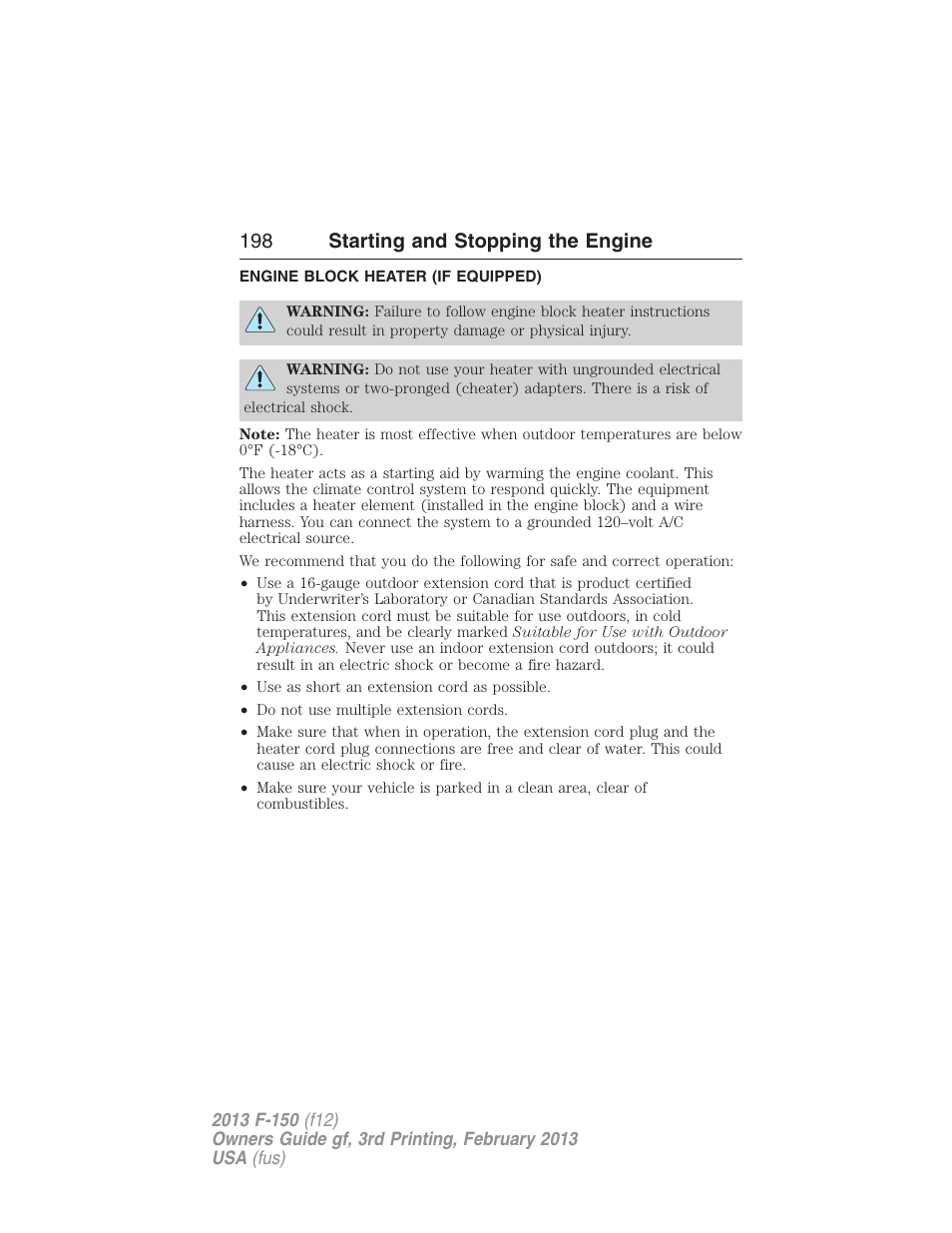 Engine block heater (if equipped), Engine block heater, 198 starting and stopping the engine | FORD 2013 F-150 v.3 User Manual | Page 199 / 592