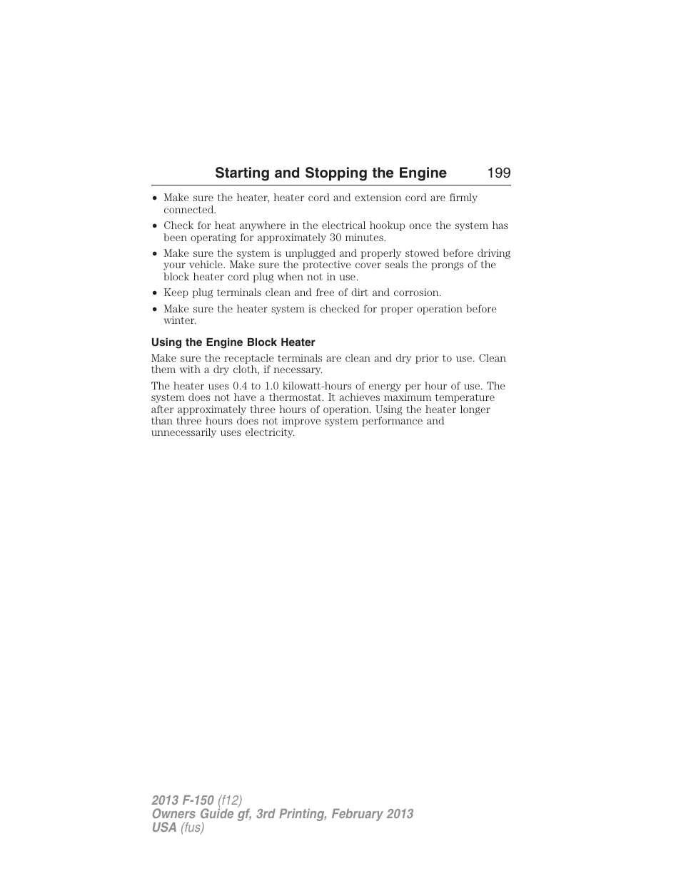 Using the engine block heater, Starting and stopping the engine 199 | FORD 2013 F-150 v.3 User Manual | Page 200 / 592