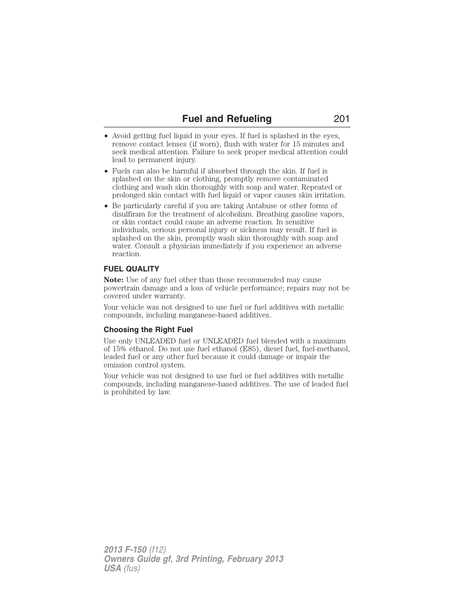 Fuel quality, Choosing the right fuel, Fuel and refueling 201 | FORD 2013 F-150 v.3 User Manual | Page 202 / 592