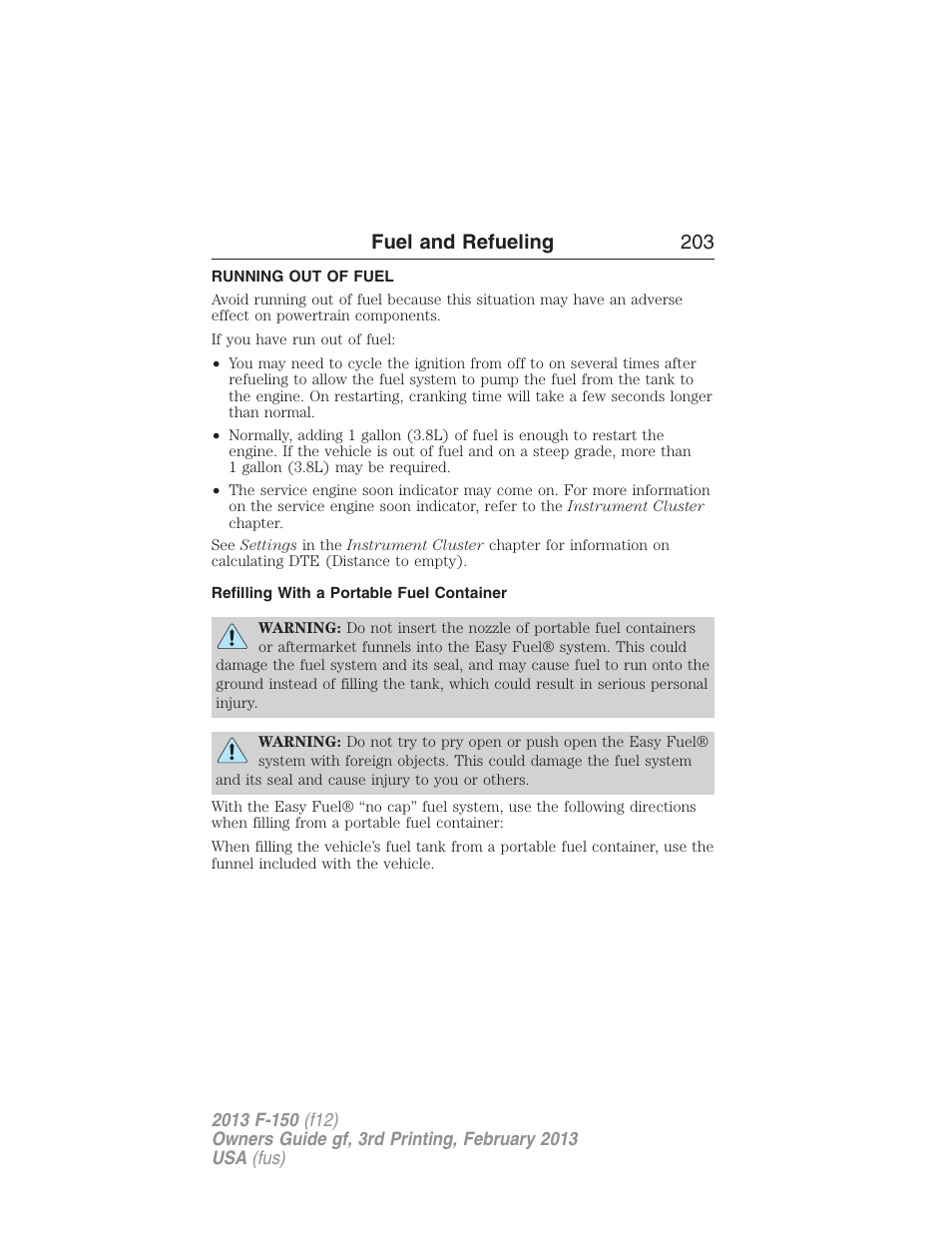 Running out of fuel, Refilling with a portable fuel container, Fuel and refueling 203 | FORD 2013 F-150 v.3 User Manual | Page 204 / 592
