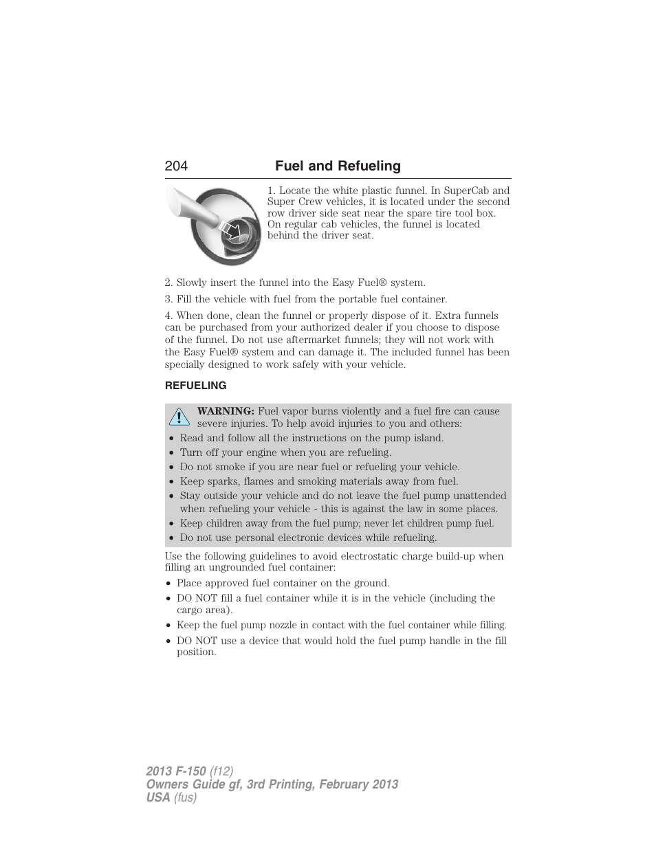 Refueling, 204 fuel and refueling | FORD 2013 F-150 v.3 User Manual | Page 205 / 592