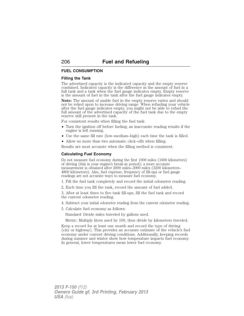 Fuel consumption, Filling the tank, Calculating fuel economy | 206 fuel and refueling | FORD 2013 F-150 v.3 User Manual | Page 207 / 592