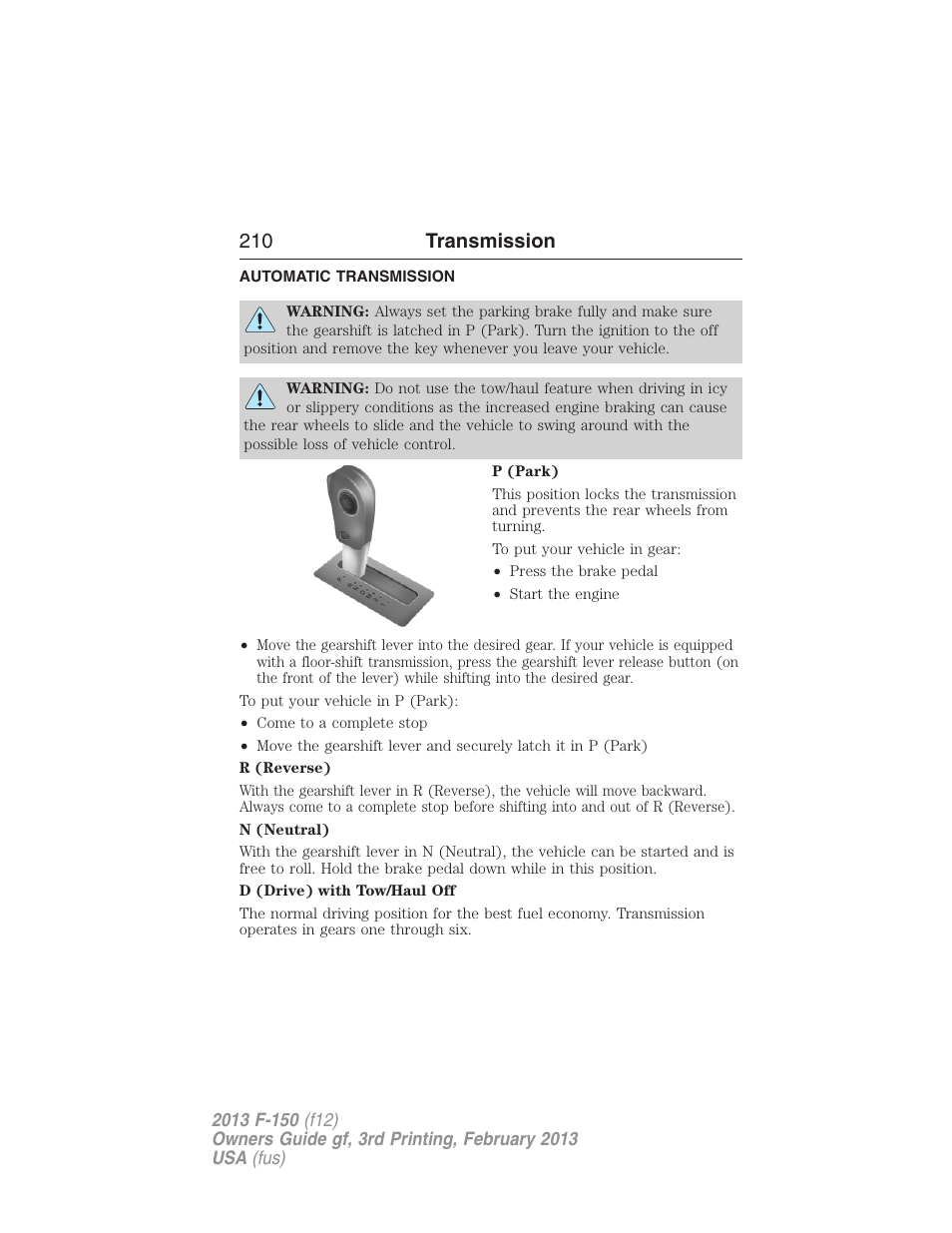 Transmission, Automatic transmission, 210 transmission | FORD 2013 F-150 v.3 User Manual | Page 211 / 592