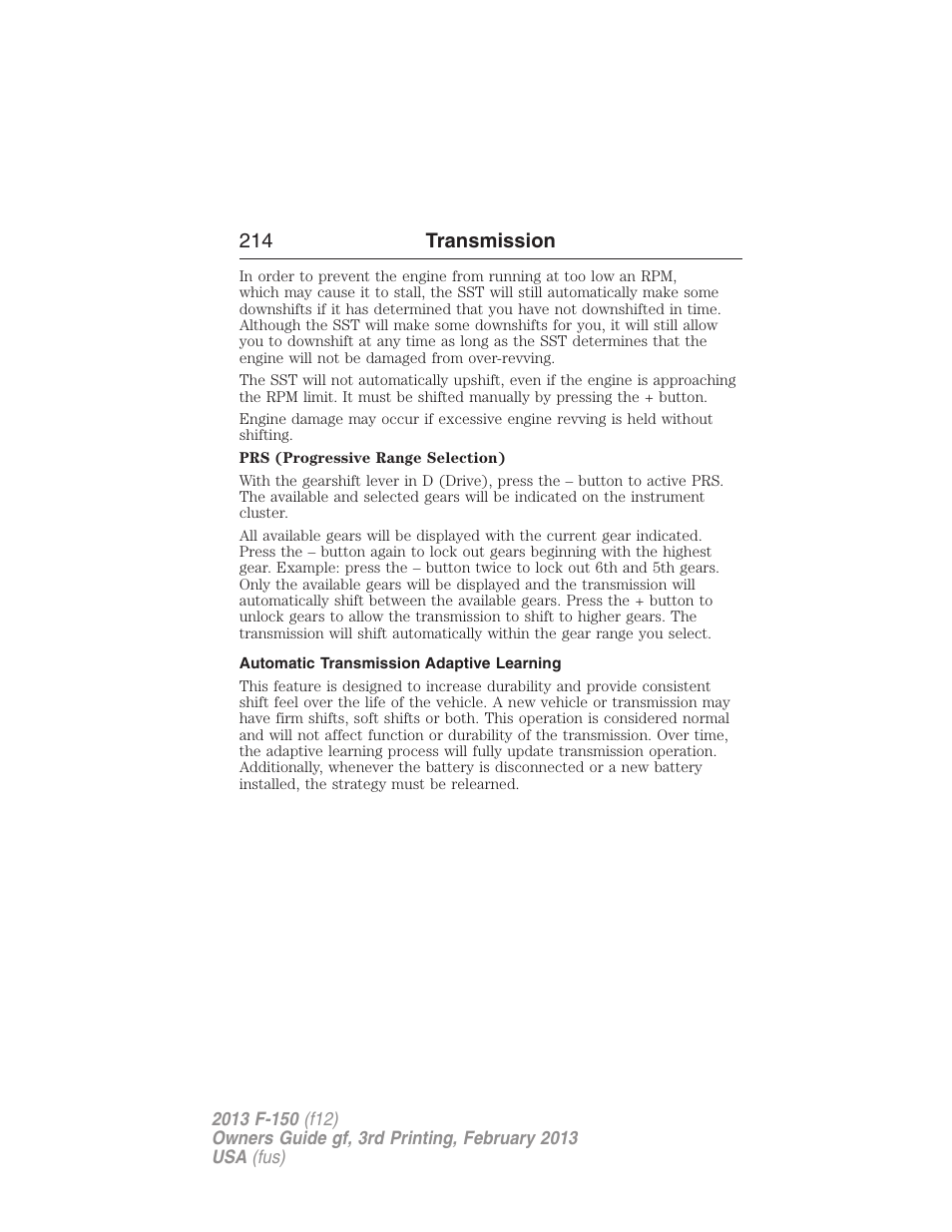 Automatic transmission adaptive learning, 214 transmission | FORD 2013 F-150 v.3 User Manual | Page 215 / 592