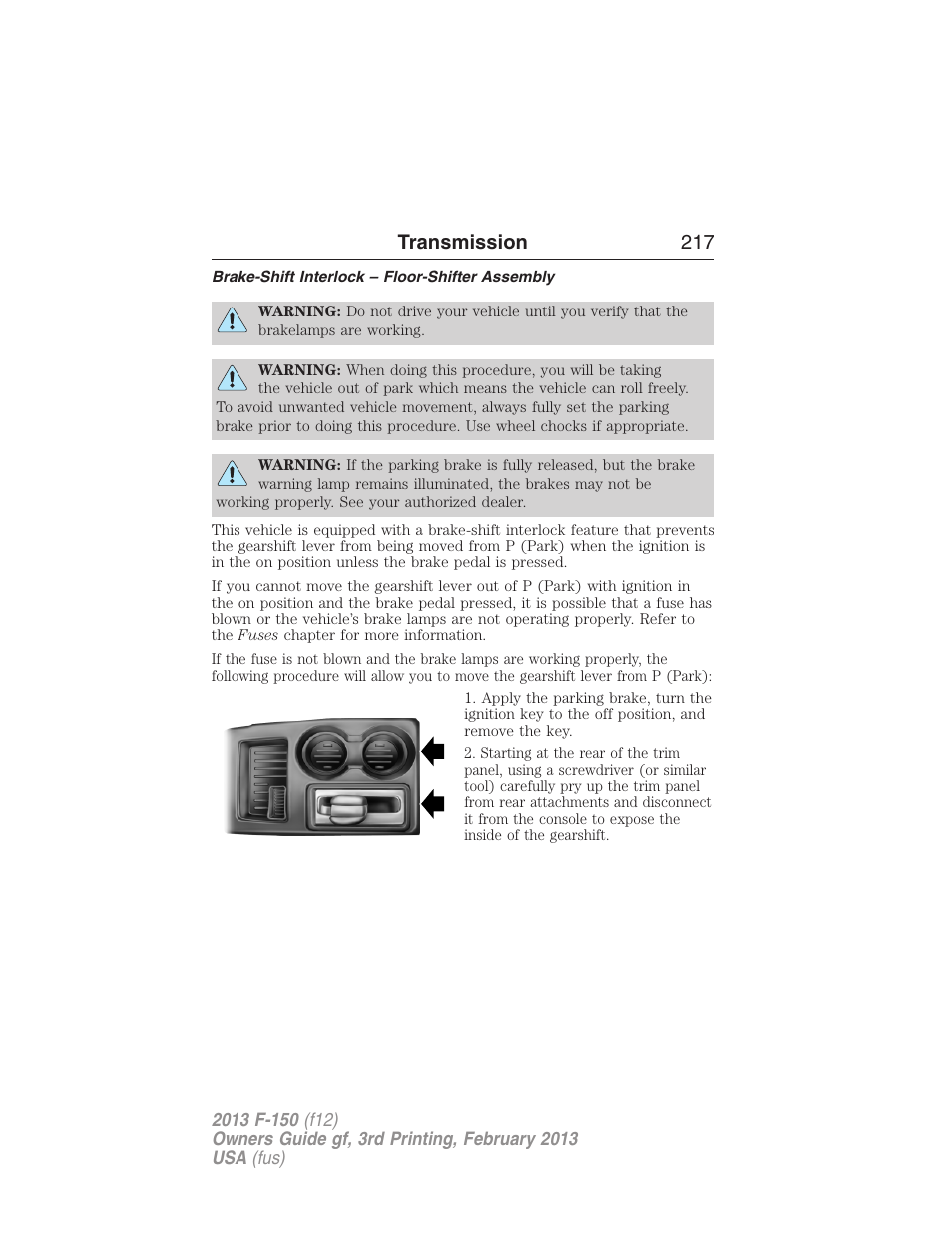 Brake-shift interlock – floor-shifter assembly, Transmission 217 | FORD 2013 F-150 v.3 User Manual | Page 218 / 592