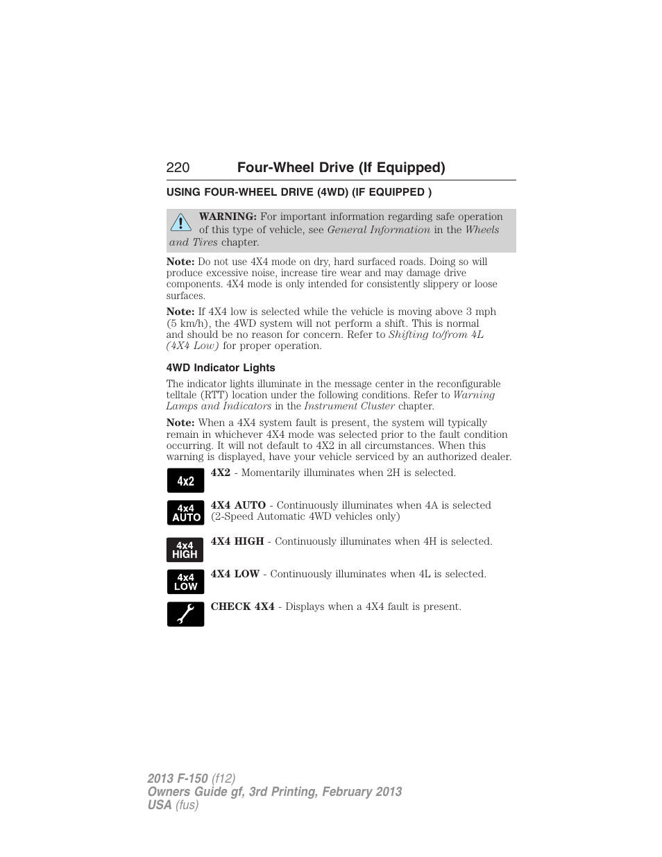 Four-wheel drive (if equipped), Using four-wheel drive (4wd) (if equipped ), 4wd indicator lights | Four wheel drive, 220 four-wheel drive (if equipped) | FORD 2013 F-150 v.3 User Manual | Page 221 / 592