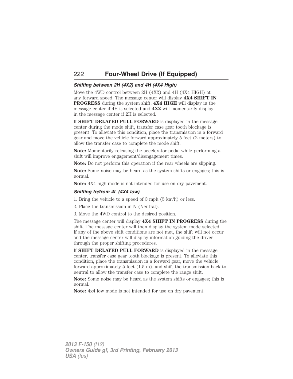 Shifting between 2h (4x2) and 4h (4x4 high), Shifting to/from 4l (4x4 low), 222 four-wheel drive (if equipped) | FORD 2013 F-150 v.3 User Manual | Page 223 / 592