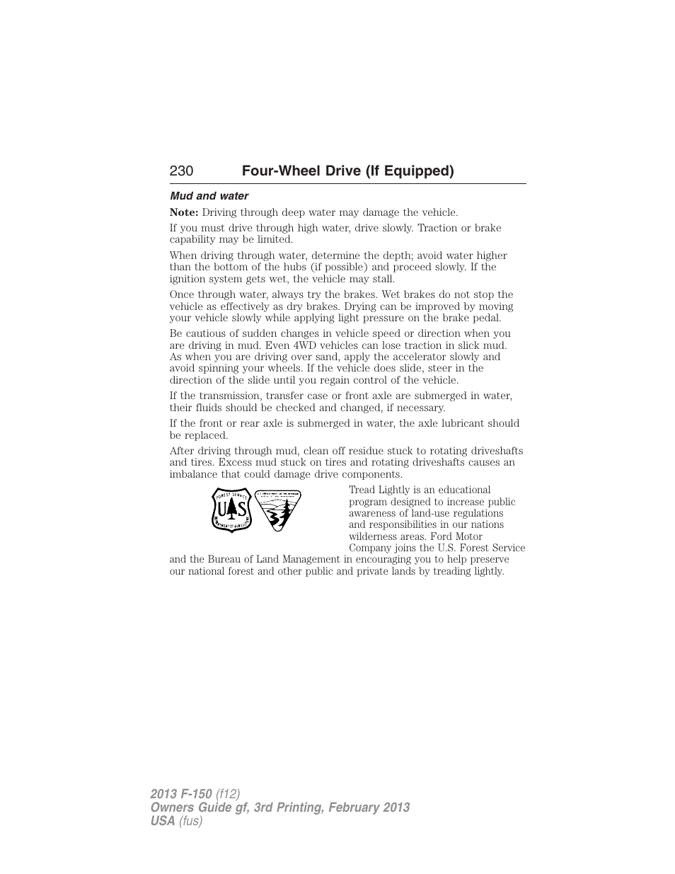 Mud and water, 230 four-wheel drive (if equipped) | FORD 2013 F-150 v.3 User Manual | Page 231 / 592