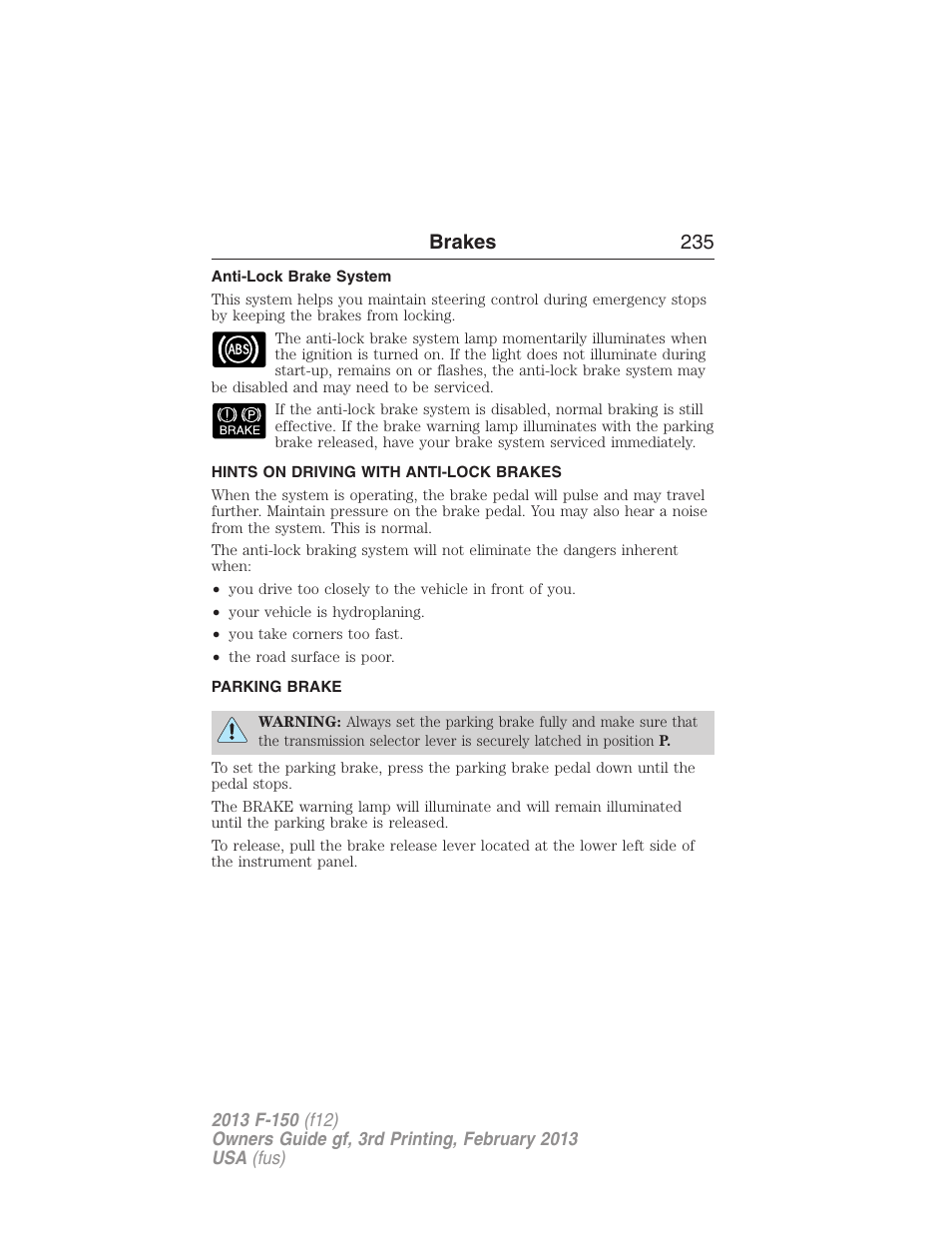 Anti-lock brake system, Hints on driving with anti-lock brakes, Parking brake | Brakes 235 | FORD 2013 F-150 v.3 User Manual | Page 236 / 592