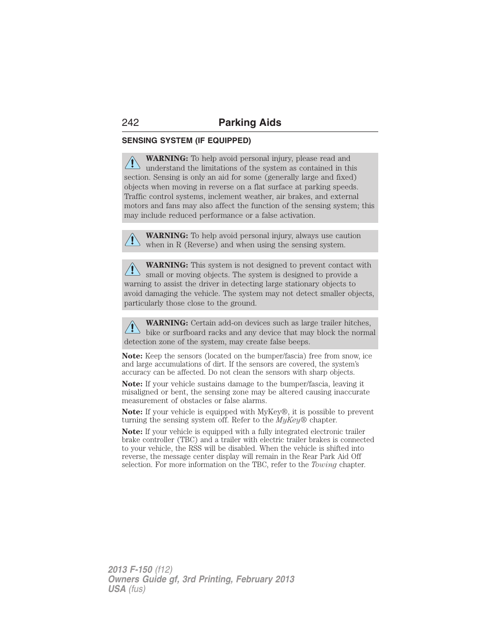 Parking aids, Sensing system (if equipped), Sensing system | 242 parking aids | FORD 2013 F-150 v.3 User Manual | Page 243 / 592