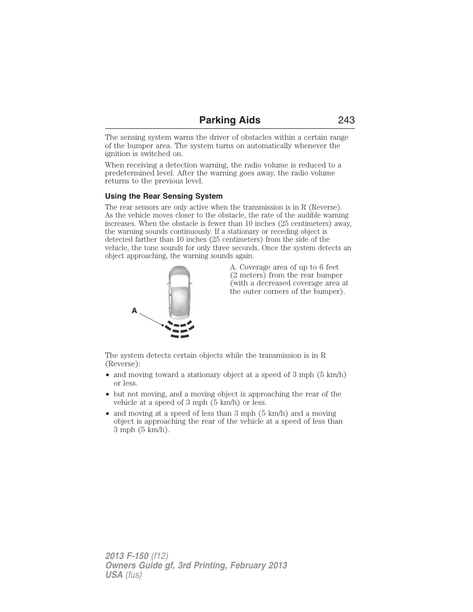 Using the rear sensing system, Parking aids 243 | FORD 2013 F-150 v.3 User Manual | Page 244 / 592