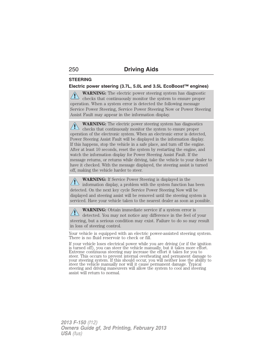 Driving aids, Steering, 250 driving aids | FORD 2013 F-150 v.3 User Manual | Page 251 / 592