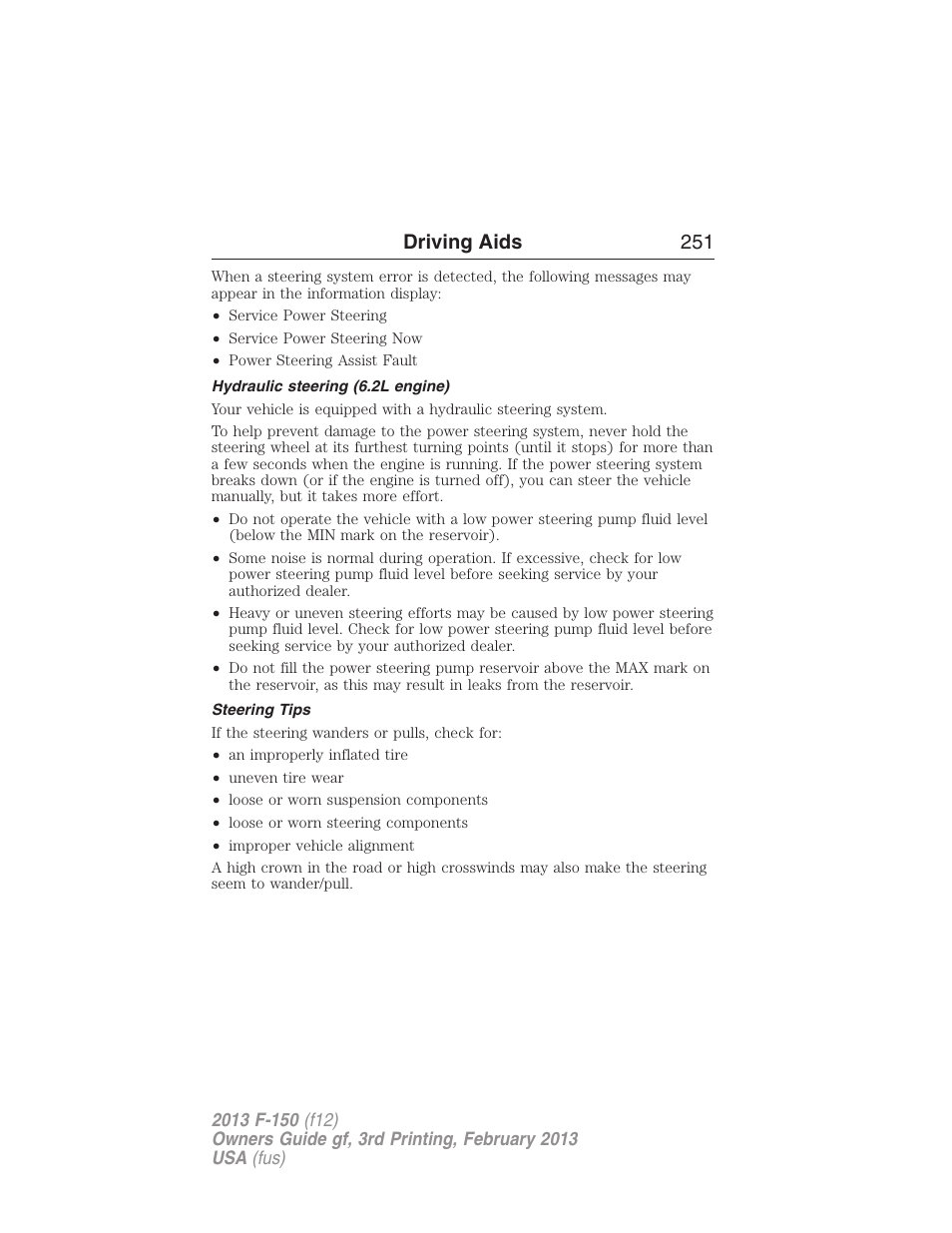 Hydraulic steering (6.2l engine), Steering tips, Driving aids 251 | FORD 2013 F-150 v.3 User Manual | Page 252 / 592