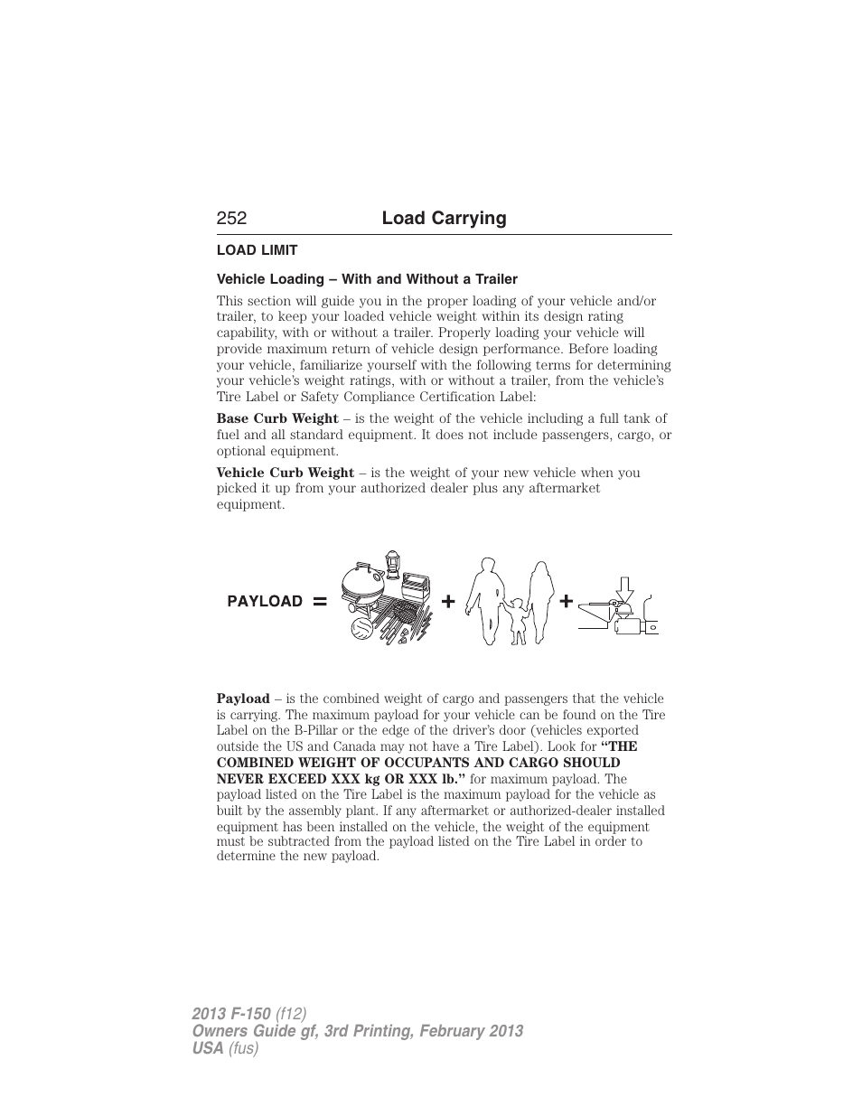Load carrying, Load limit, Vehicle loading – with and without a trailer | Vehicle loading, 252 load carrying | FORD 2013 F-150 v.3 User Manual | Page 253 / 592