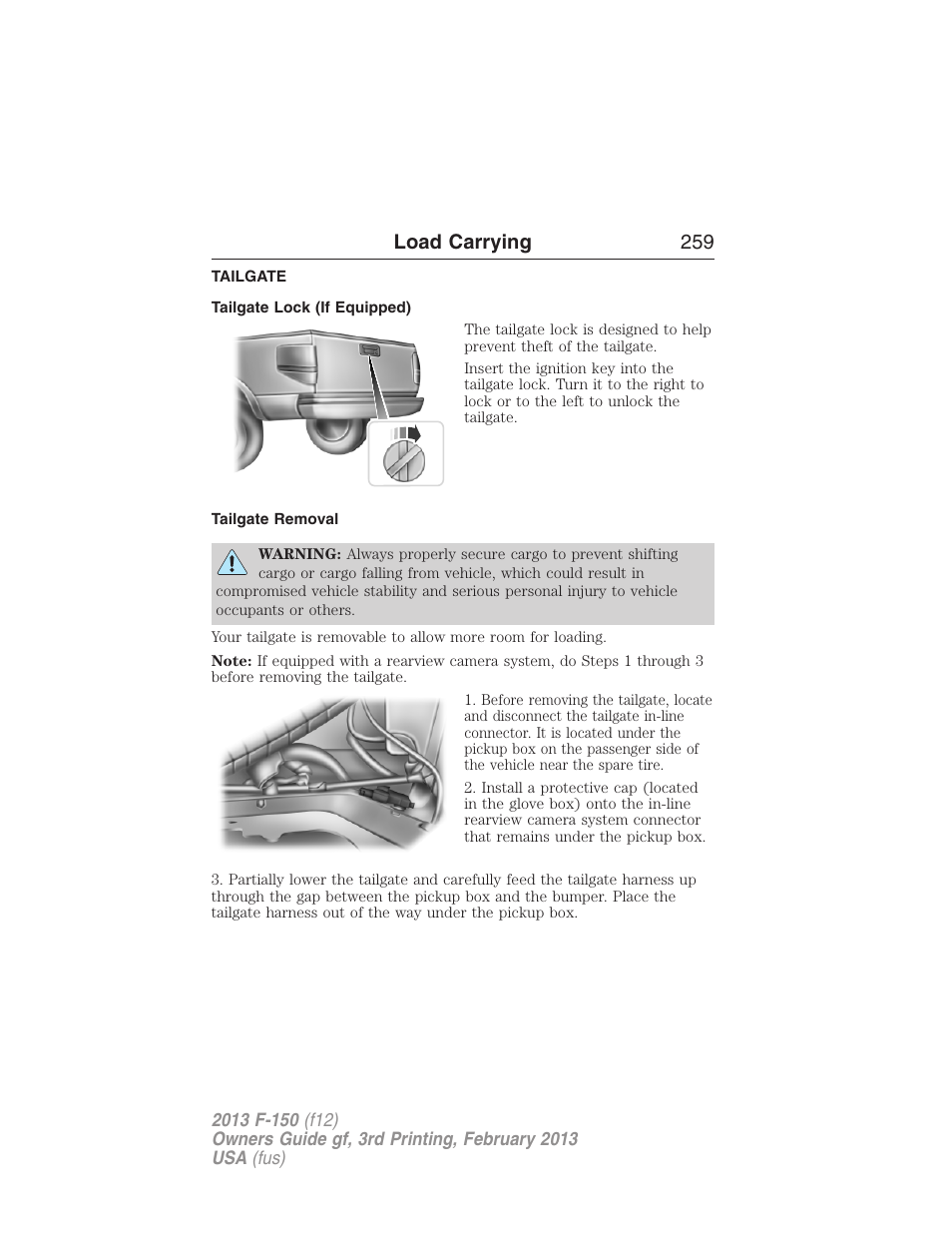 Tailgate, Tailgate lock (if equipped), Tailgate removal | Load carrying 259 | FORD 2013 F-150 v.3 User Manual | Page 260 / 592