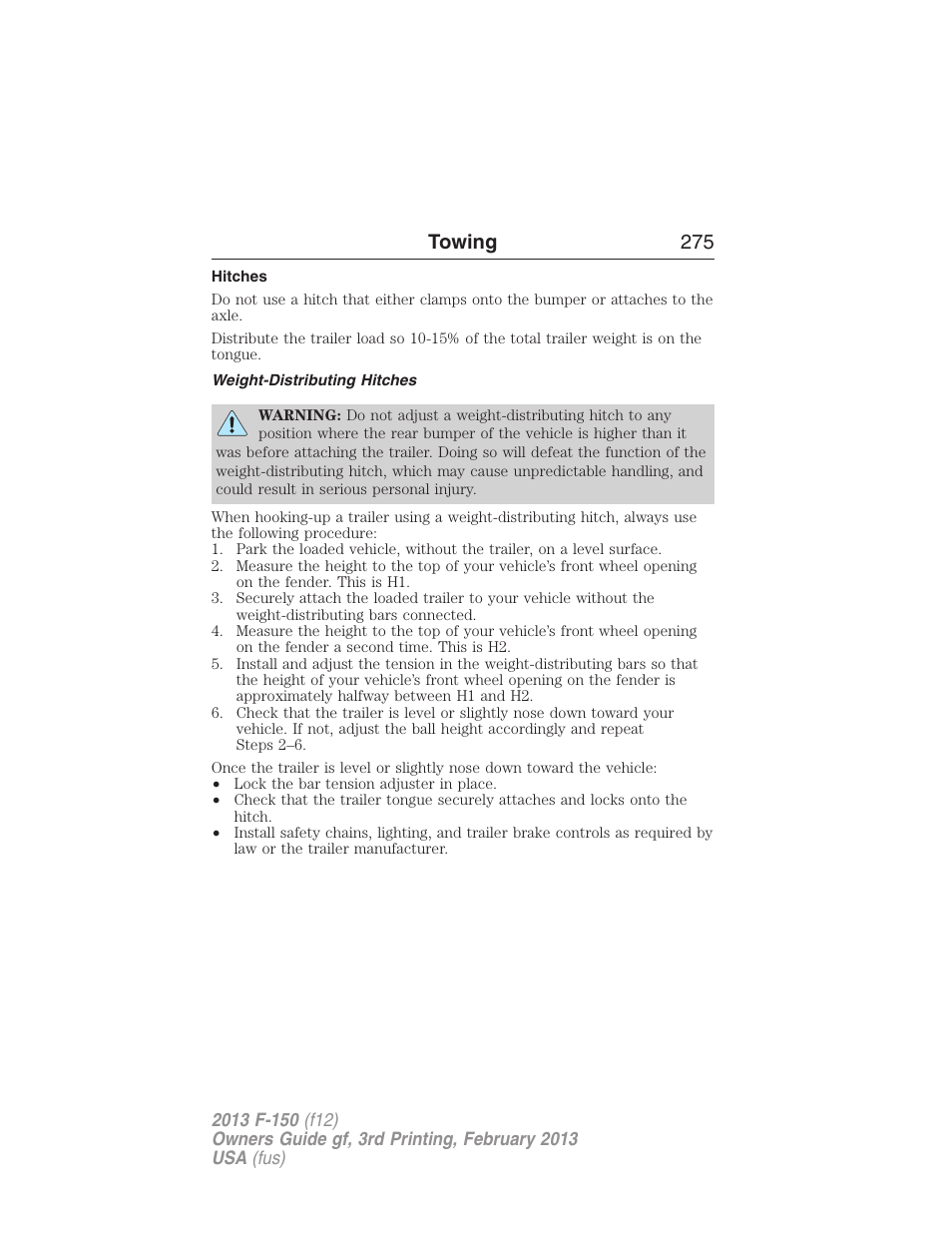 Hitches, Weight-distributing hitches, Towing 275 | FORD 2013 F-150 v.3 User Manual | Page 276 / 592