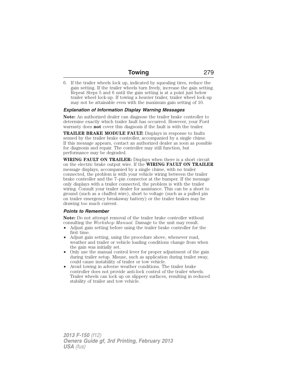 Points to remember, Towing 279 | FORD 2013 F-150 v.3 User Manual | Page 280 / 592