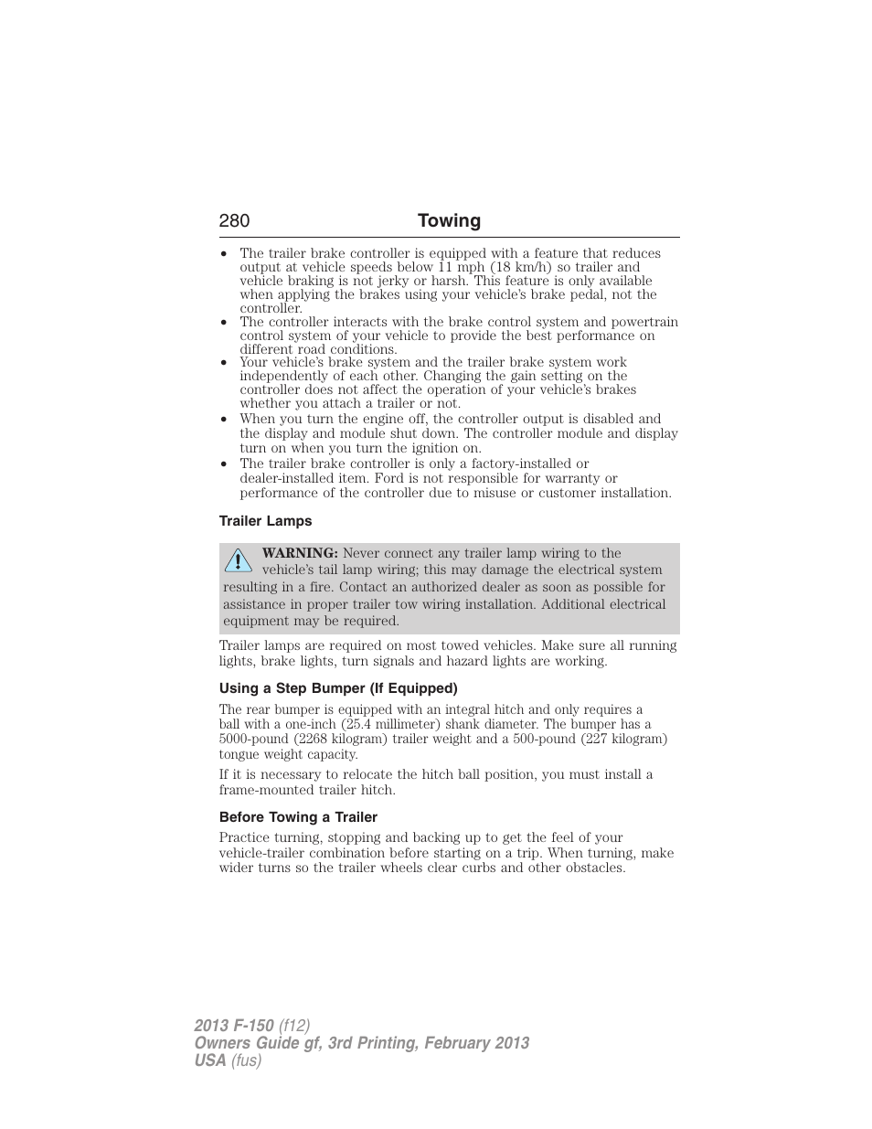 Trailer lamps, Using a step bumper (if equipped), Before towing a trailer | 280 towing | FORD 2013 F-150 v.3 User Manual | Page 281 / 592