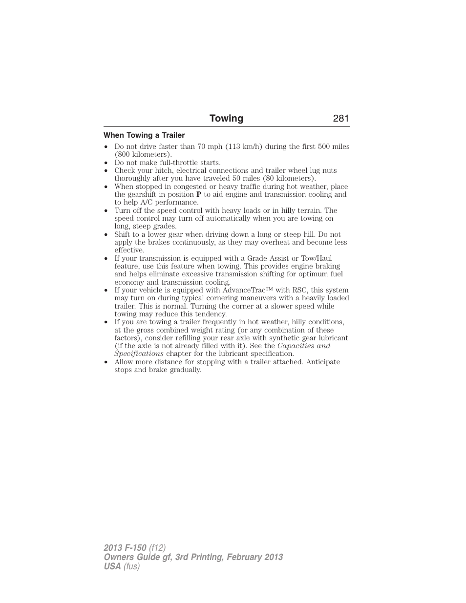 When towing a trailer, Towing 281 | FORD 2013 F-150 v.3 User Manual | Page 282 / 592