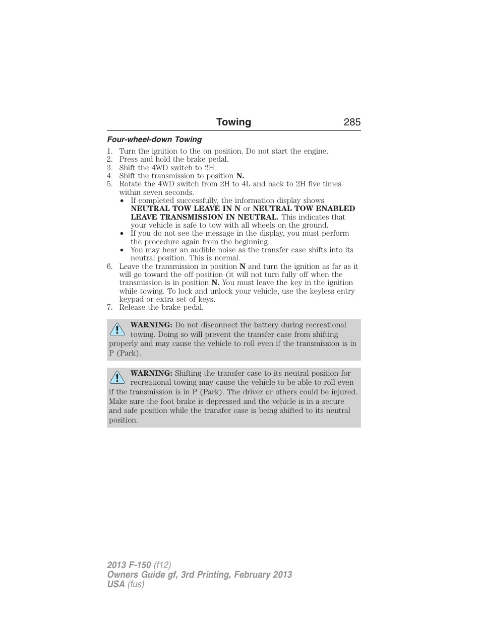 Four-wheel-down towing, Towing 285 | FORD 2013 F-150 v.3 User Manual | Page 286 / 592