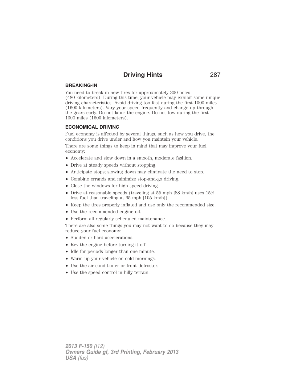 Driving hints, Breaking-in, Economical driving | Driving hints 287 | FORD 2013 F-150 v.3 User Manual | Page 288 / 592