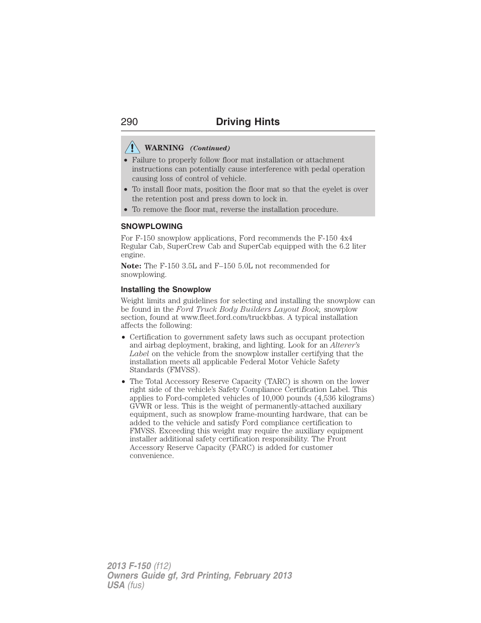 Snowplowing, Installing the snowplow, 290 driving hints | FORD 2013 F-150 v.3 User Manual | Page 291 / 592