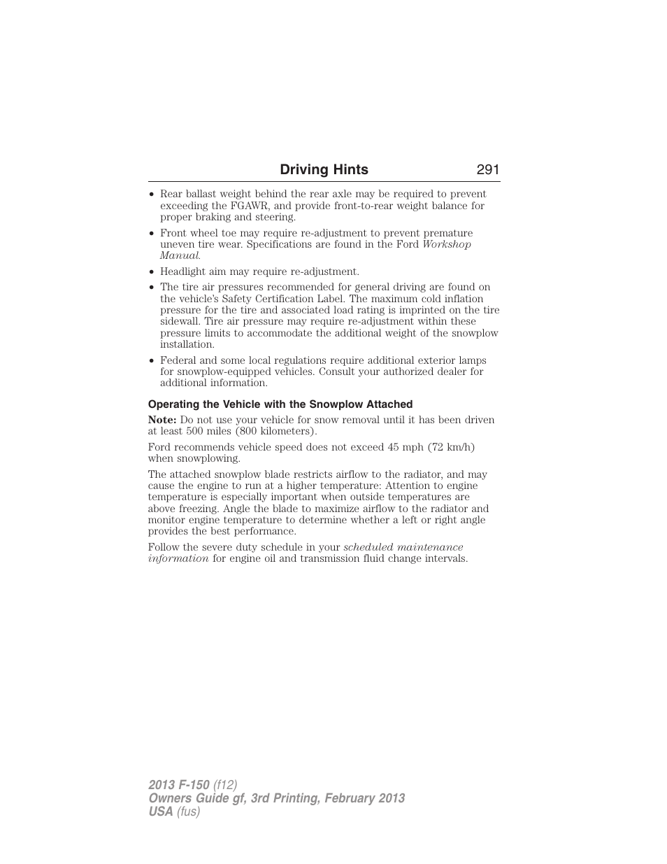 Operating the vehicle with the snowplow attached, Driving hints 291 | FORD 2013 F-150 v.3 User Manual | Page 292 / 592