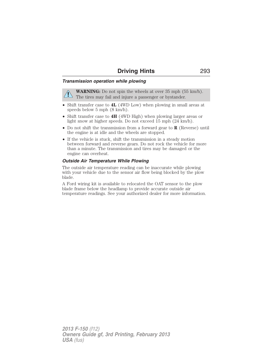 Transmission operation while plowing, Outside air temperature while plowing, Driving hints 293 | FORD 2013 F-150 v.3 User Manual | Page 294 / 592