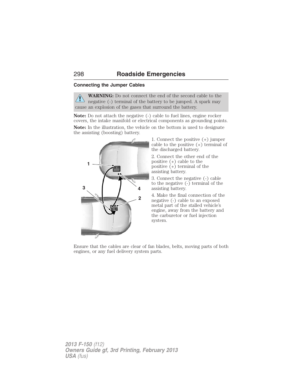 Connecting the jumper cables, 298 roadside emergencies | FORD 2013 F-150 v.3 User Manual | Page 299 / 592