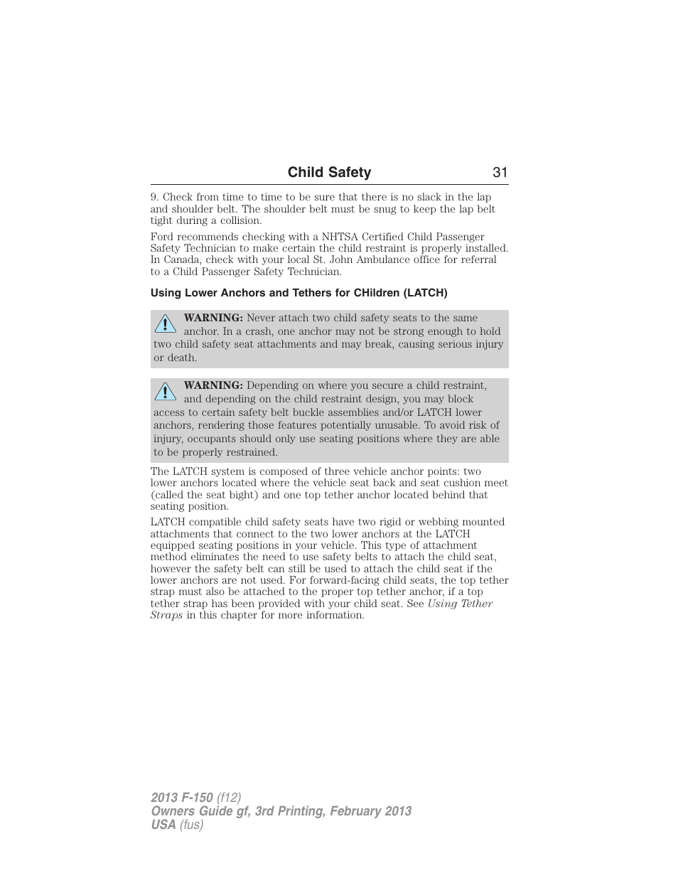 Child safety 31 | FORD 2013 F-150 v.3 User Manual | Page 32 / 592