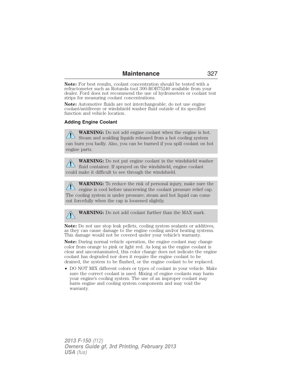 Adding engine coolant, Maintenance 327 | FORD 2013 F-150 v.3 User Manual | Page 328 / 592