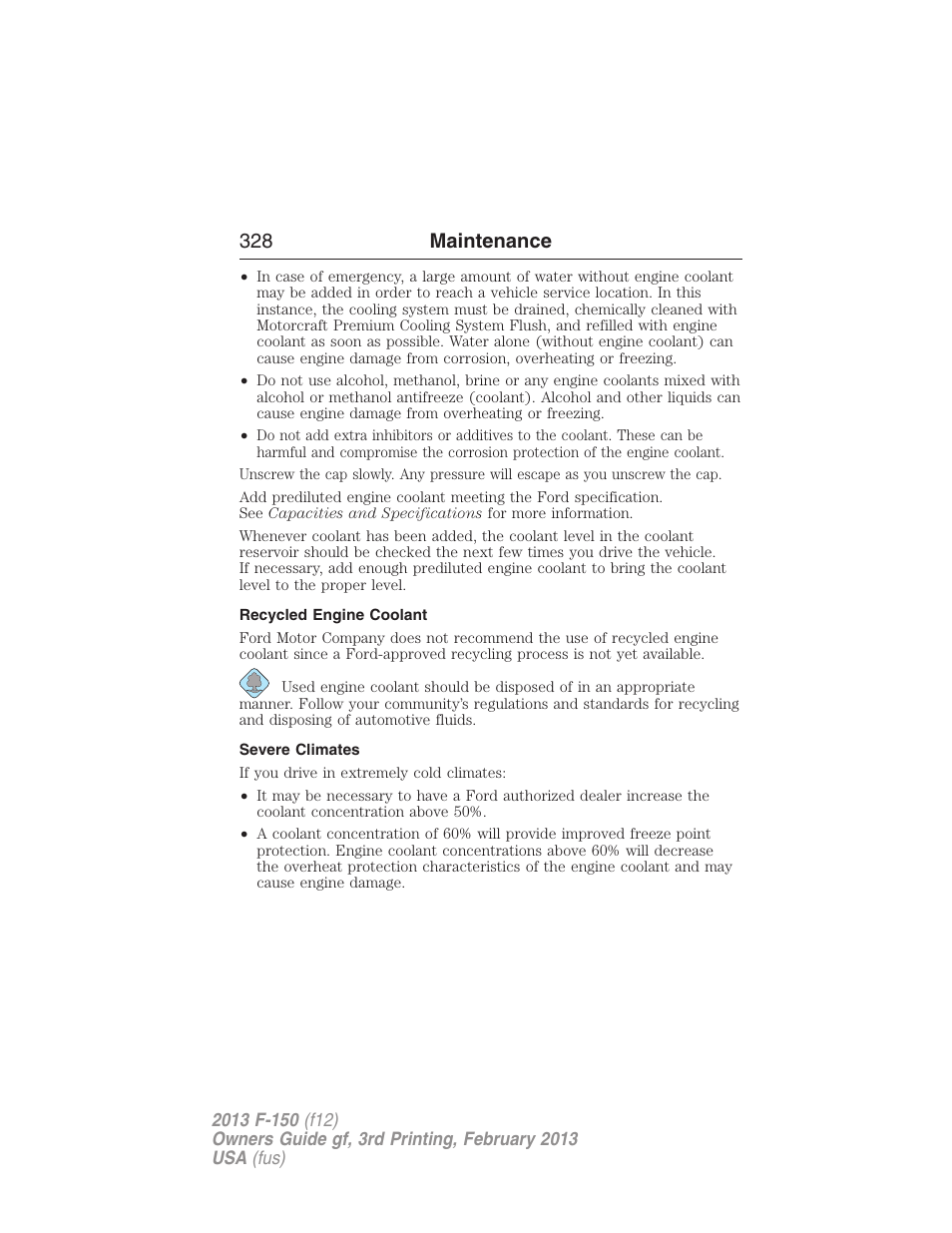 Recycled engine coolant, Severe climates, 328 maintenance | FORD 2013 F-150 v.3 User Manual | Page 329 / 592