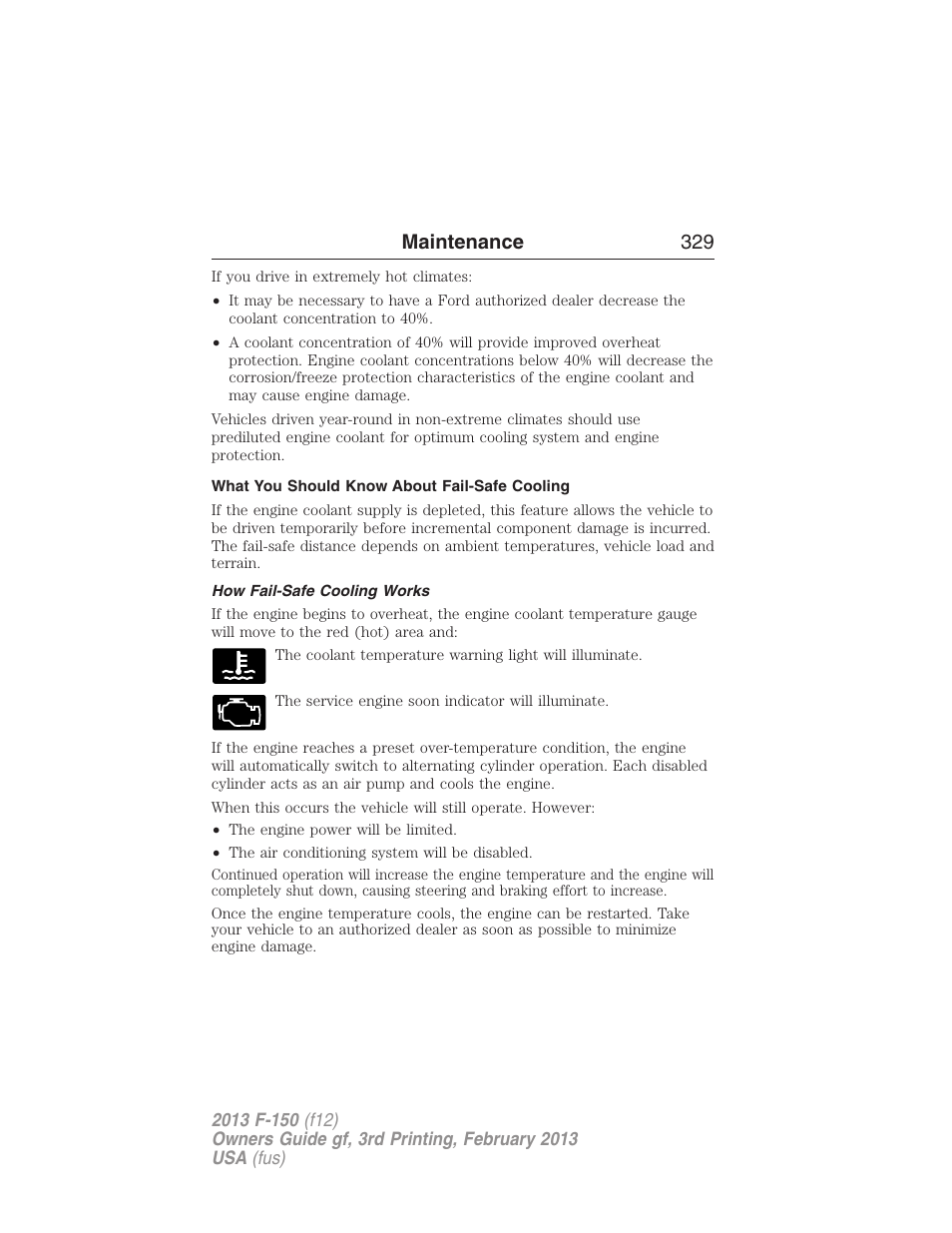 What you should know about fail-safe cooling, How fail-safe cooling works, Maintenance 329 | FORD 2013 F-150 v.3 User Manual | Page 330 / 592