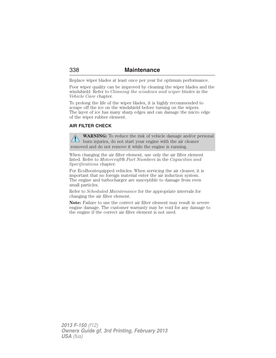 Air filter check, Air filter(s), 338 maintenance | FORD 2013 F-150 v.3 User Manual | Page 339 / 592