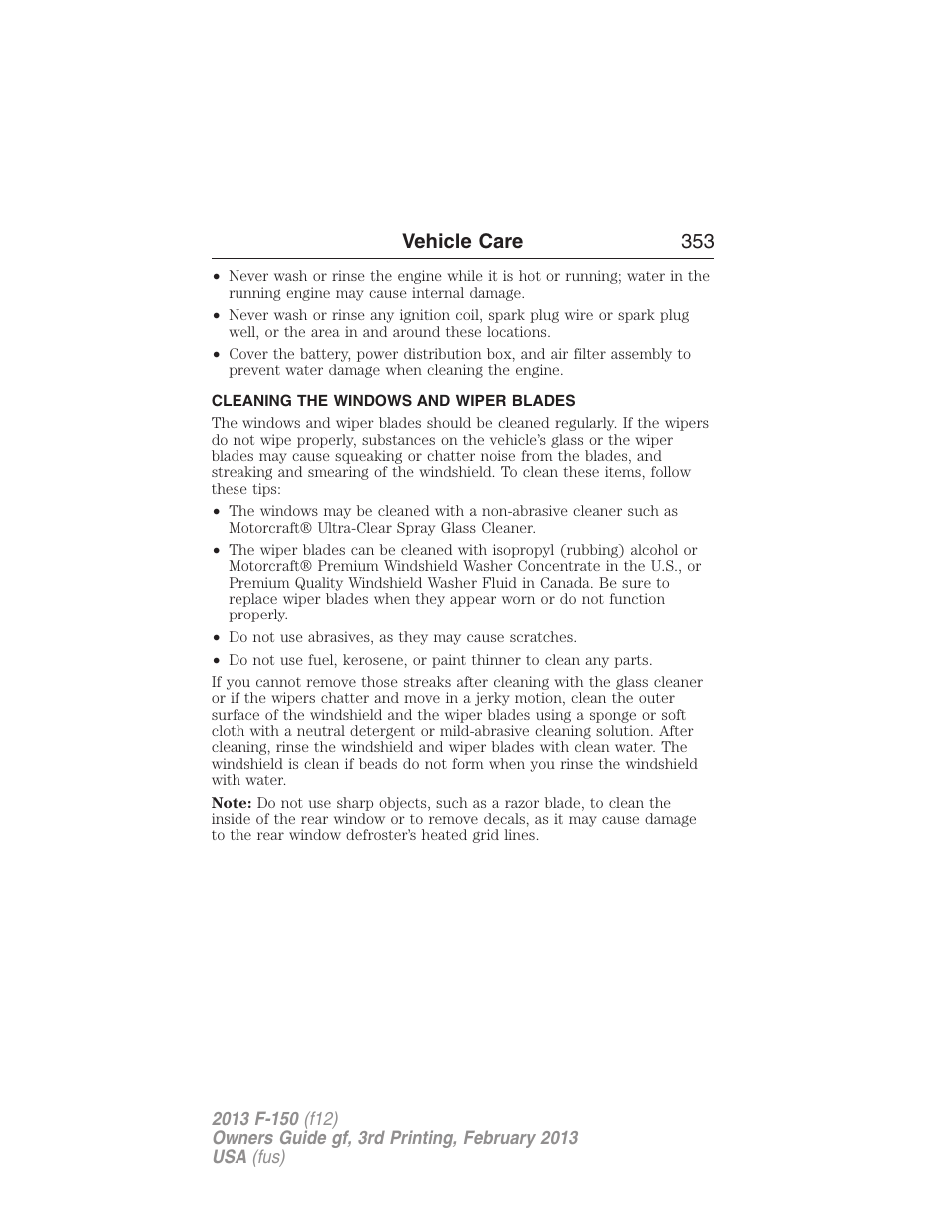 Cleaning the windows and wiper blades, Vehicle care 353 | FORD 2013 F-150 v.3 User Manual | Page 354 / 592