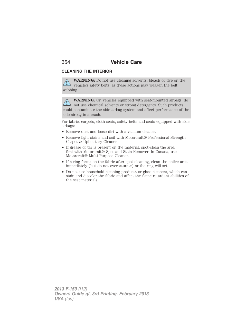 Cleaning the interior, 354 vehicle care | FORD 2013 F-150 v.3 User Manual | Page 355 / 592