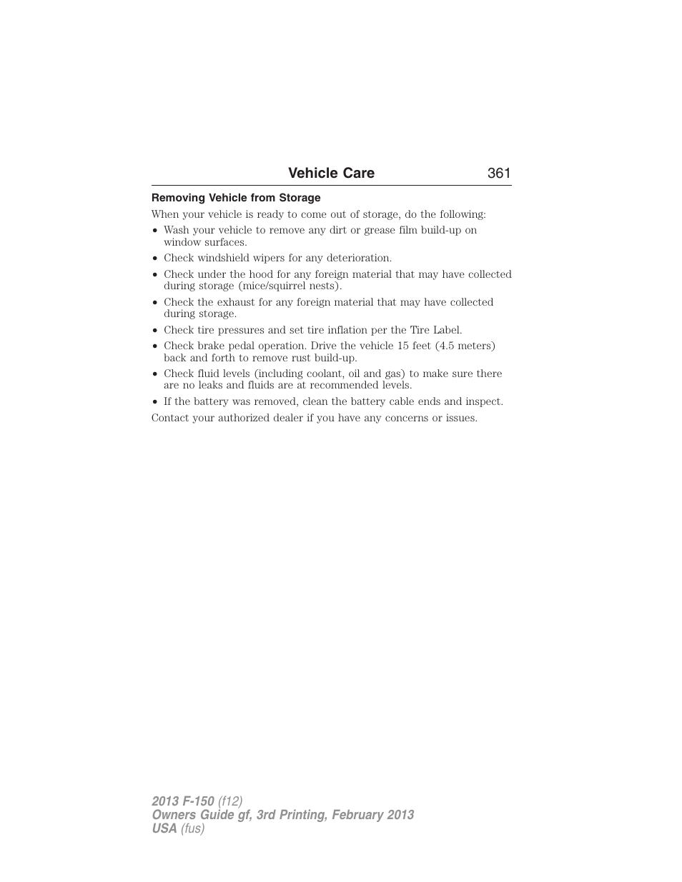 Removing vehicle from storage, Vehicle care 361 | FORD 2013 F-150 v.3 User Manual | Page 362 / 592