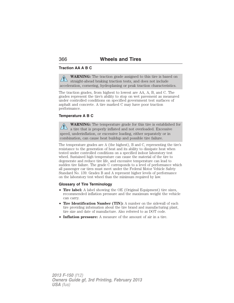 Traction aa a b c, Temperature a b c, Glossary of tire terminology | 366 wheels and tires | FORD 2013 F-150 v.3 User Manual | Page 367 / 592