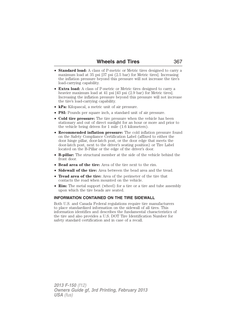 Information contained on the tire sidewall, Wheels and tires 367 | FORD 2013 F-150 v.3 User Manual | Page 368 / 592