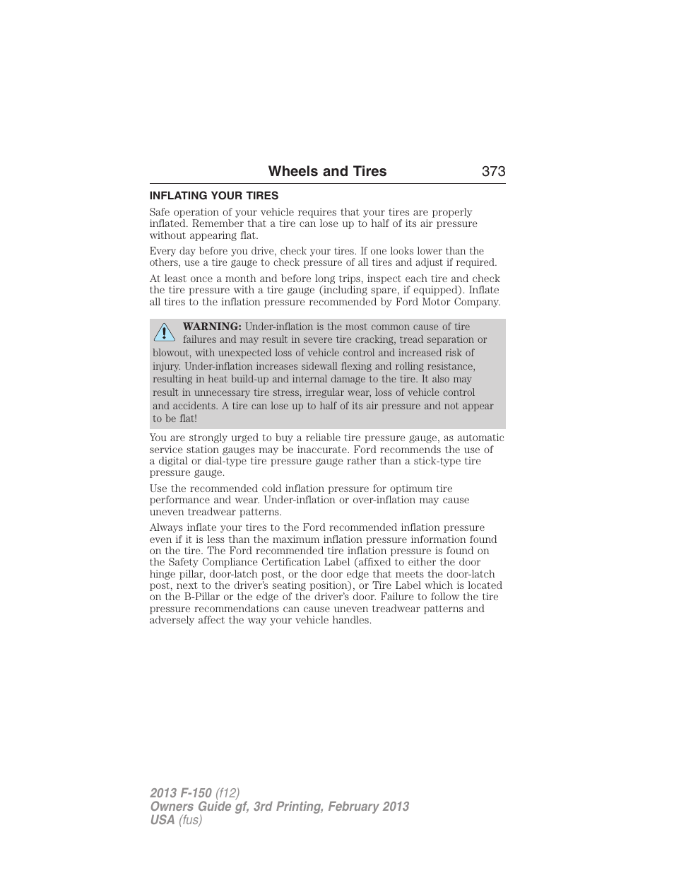 Inflating your tires, Wheels and tires 373 | FORD 2013 F-150 v.3 User Manual | Page 374 / 592